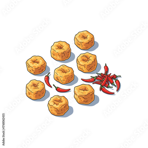 Spicy Fried Tofu Cubes with Chili Peppers Illustration.