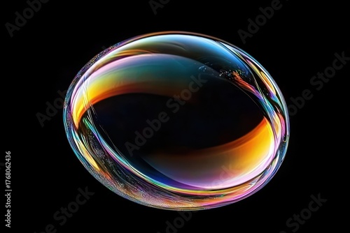 Close-up of a luminous soap bubble glowing with vibrant rainbow colors against a black background, capturing its delicate and smooth surface