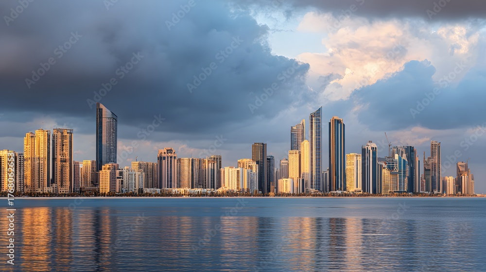 Fototapeta premium Modern coastal cityscape reflects dramatic sunset illumination beneath heavy cloud cover