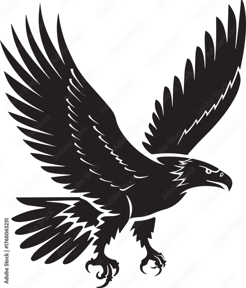 Fototapeta premium A black and white silhouette of an eagle flying against a white background.