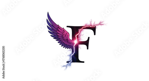 Majestic letter F adorned with a vibrant wing and crackling energy