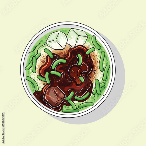 Top down illustration of a bowl of Cendol dessert.