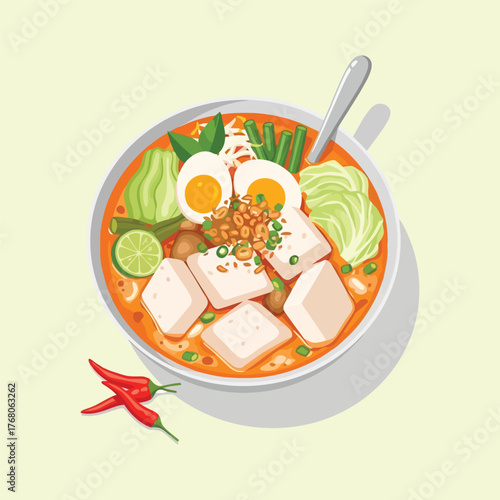 Top down view of a delicious Asian spicy noodle soup bowl.
