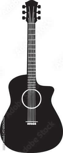 A black and white silhouette of a guitar against a white background.