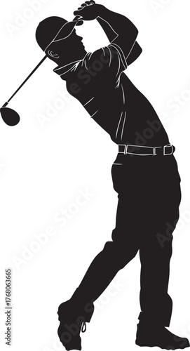 A black and white silhouette of a golfer swinging a golf club.