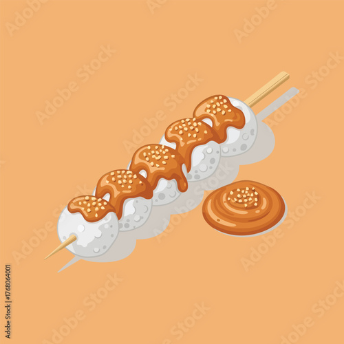 Traditional Japanese Mitarashi Dango Skewer with Sweet Soy Glaze.