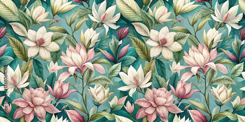 A vibrant floral pattern featuring magnolias in soft pink and white tones against a teal background.