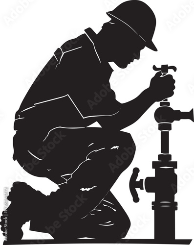 A silhouette of a man in a hard hat kneeling next to a fire hydrant, with a white background.