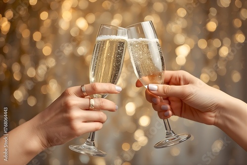 Hands Toasting Champagne Glasses in Festive Golden Light