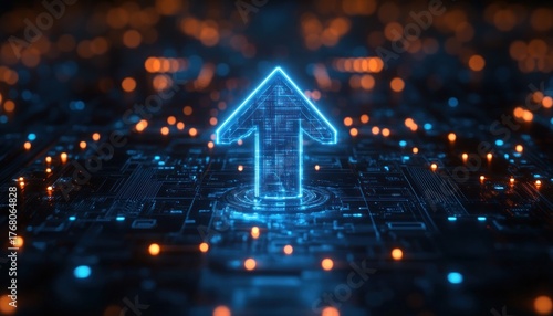 Glowing blue digital arrow pointing upwards on a futuristic circuit board with illuminated orange and blue lights conveying progress and technology advancement