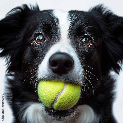 Close-up of a black and white dog holding a bright yellow tennis ball in its mouth with attentive eyes