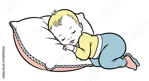 A cartoon baby sleeping peacefully, resting head on a soft pillow.