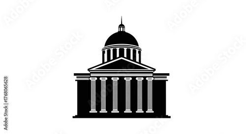 Silhouette of a classical building with columns and a dome, isolated on a white background.
