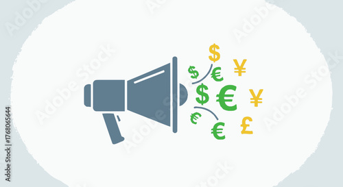 Megaphone emitting currency symbols, including dollar, euro, pound, and yen, on a white background.