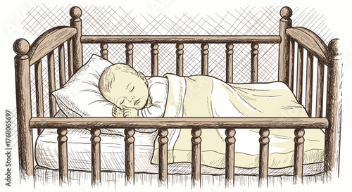 Illustration of a baby sleeping peacefully in a wooden crib with a pillow and blanket.