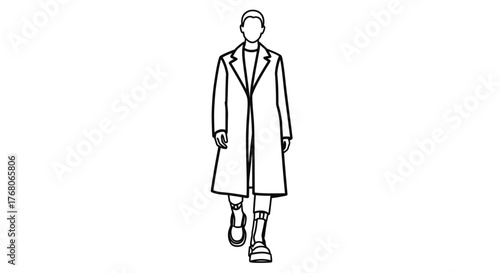 A line drawing depicts a person walking forward, wearing a long coat.