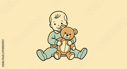 Illustration of a baby sitting and hugging a teddy bear, creating a heartwarming scene.