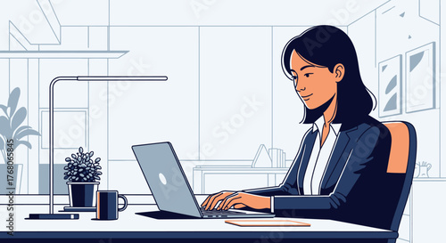 A businesswoman working diligently on a laptop at her office desk, focused.