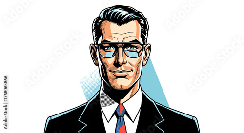Illustration of a man wearing glasses, a suit, and a tie, against a white background with a blue accent.