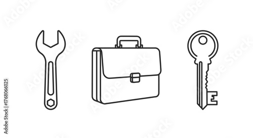 Simple line art of wrench, briefcase, and key, isolated on white.