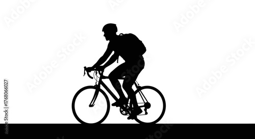 Silhouette of a cyclist riding a bicycle, carrying a backpack, against white background.
