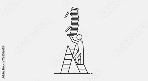 A person on a ladder struggles to hold a falling stack of papers or documents.