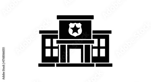 Silhouette of a police station building with a prominent star badge on the facade.
