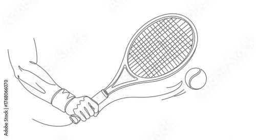 A tennis player's arm swings a racket to hit the ball.