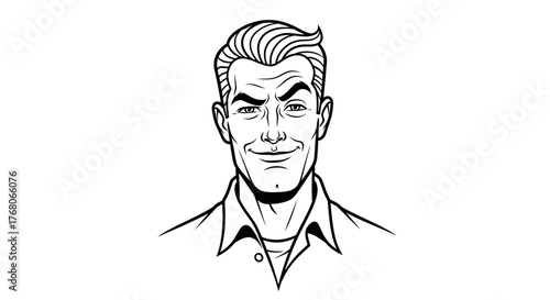 A black and white illustration of a smiling man, looking directly at the viewer.