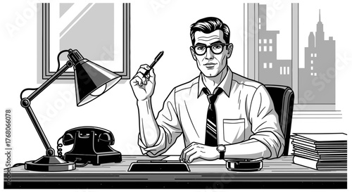 A suited man sits at desk, holding pen, in a monochrome office setting.