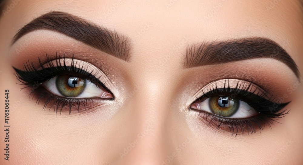 Naklejka premium Beautifully made-up eyes with bold brows, winged liner, and dramatic lashes