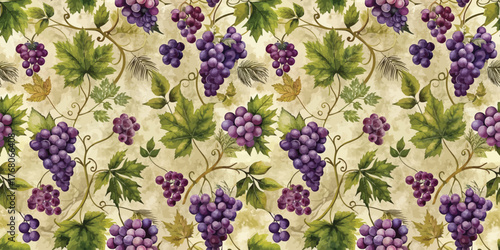 A beautiful vintage-style grapevine pattern featuring lush purple grapes and vibrant green leaves.