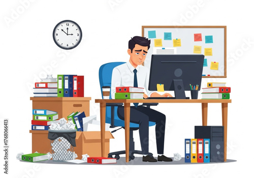 Too much work in the office. Distressed businessman overwhelmed with office work . Tired worker in the workplace . Work burnout silhouette. Overworked employee . Too much work.