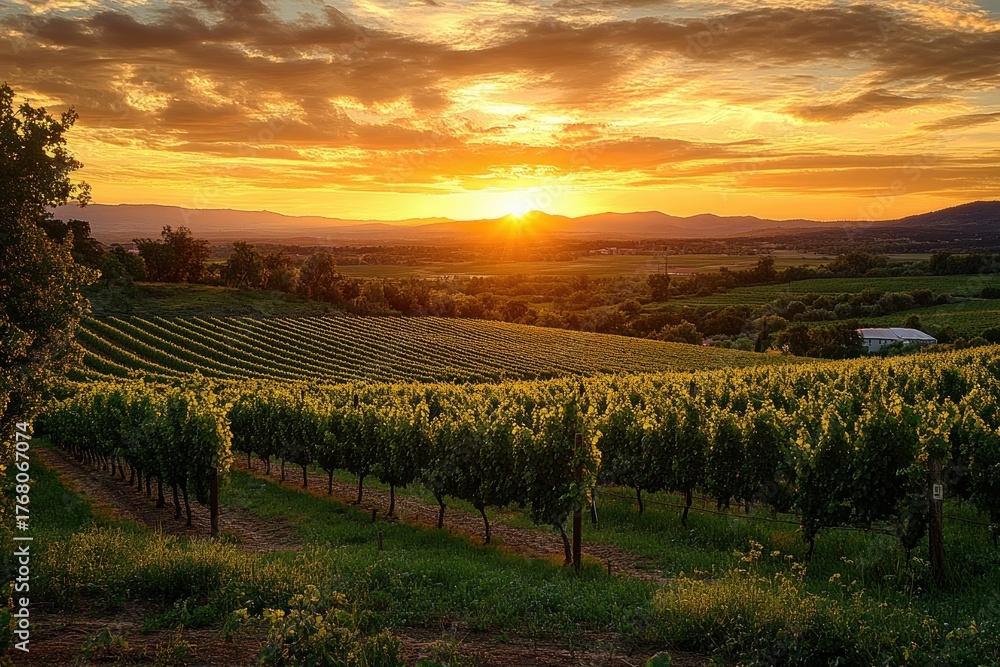Fototapeta premium sunset over lush vineyard rows with golden light illuminating rolling hills and dramatic clouds in the sky