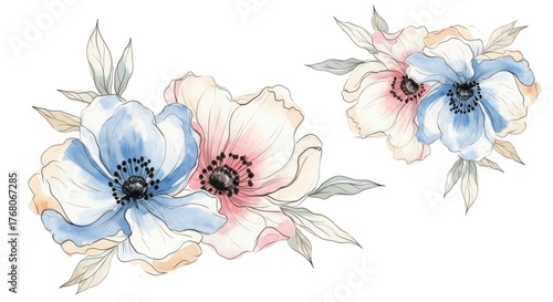 Soft blue and pink watercolor flowers with subtle leaves on a white background