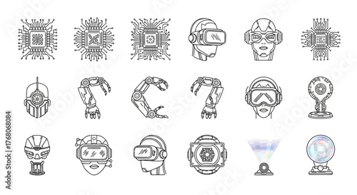 Set of futuristic technology icons vector line art illustration representing artificial intelligence robotics and virtual reality concepts isolated on white background