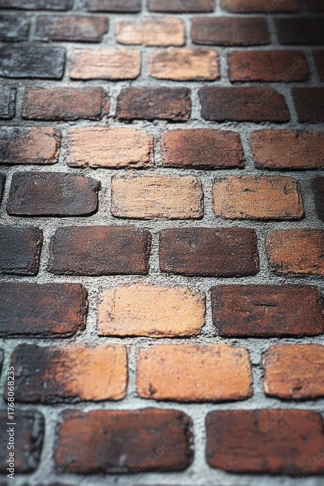 Obraz premium Close-up view of a textured brick wall with alternating dark and light brown bricks and visible mortar, highlighting the rustic pattern and rough surface