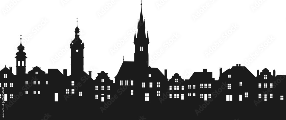 Obraz premium Old European city skyline silhouette, historical architecture vector, medieval town buildings and church towers illustration for design and decoration