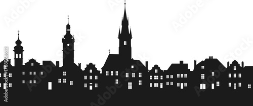 Old European city skyline silhouette, historical architecture vector, medieval town buildings and church towers illustration for design and decoration