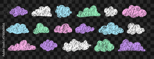 Whimsical textured cloud set. Fluffy hand drawn sky elements for baby shower or storybook illustrations. Vector illustration.