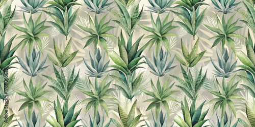 A lush pattern of various green tropical plants, showcasing vibrant shades and intricate details.