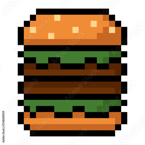 Double hamburger in pixel art style with lettuce and sesame bun isolated on white background. Ideal for use in mobile games, food themed applications, restaurant menu UI, pixel art collections and