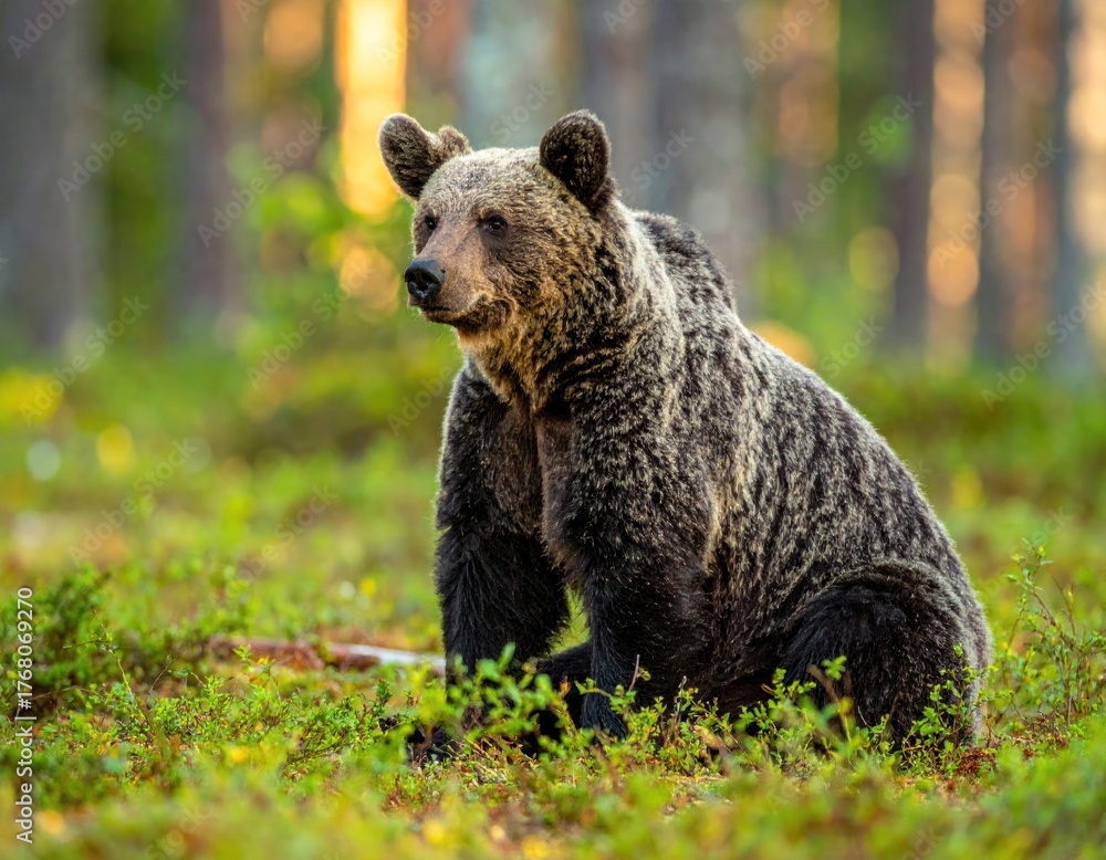 Obraz premium A majestic, brown bear sits alert in a sun-dappled forest scene