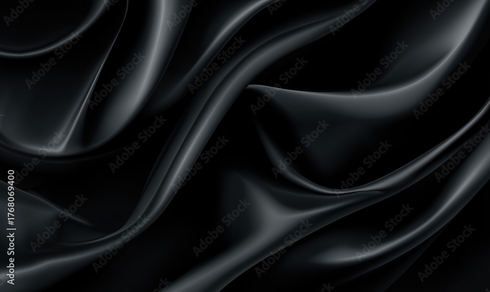 Fototapeta premium Elegant black silk waves flowing on dark background, smooth satin texture and abstract luxury drapery design, minimalist vector backdrop for fashion, banner, wallpaper, and premium branding concept