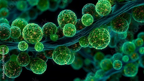 Glowing green spheres with intricate networks attached to a dark filament.