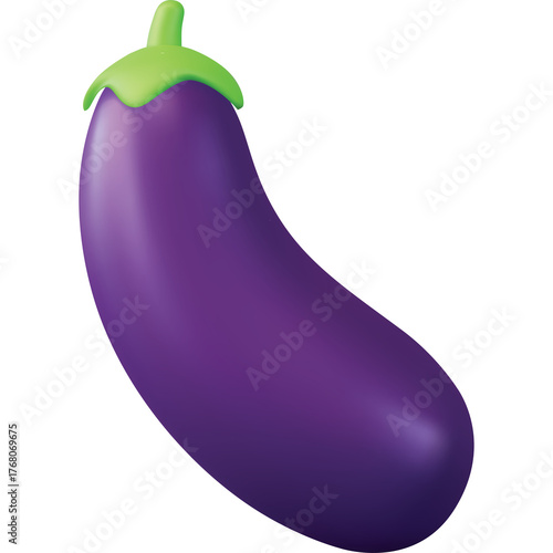 A 3D render of a vibrant purple eggplant with a green stem and cap isolated on a transparent background showcasing its smooth glossy skin and realistic texture perfect for healthy food concepts