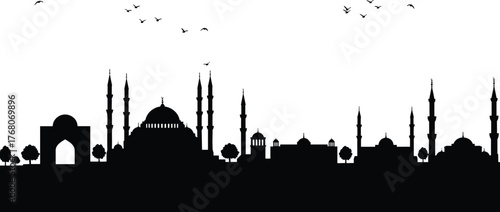 Istanbul city skyline silhouette, Turkey skyline vector illustration, mosque architecture cityscape art, Hagia Sophia and minarets design, travel landmark graphic