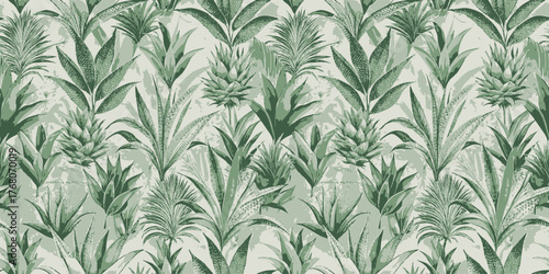A lush green tropical plant pattern featuring pineapples and foliage.