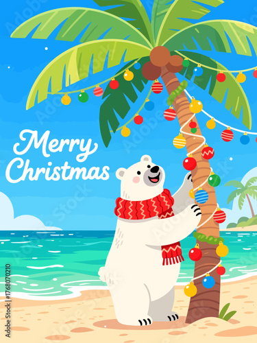 Joyful polar bear decorates tropical palm tree with vibrant Christmas lights on sunny beach vacation