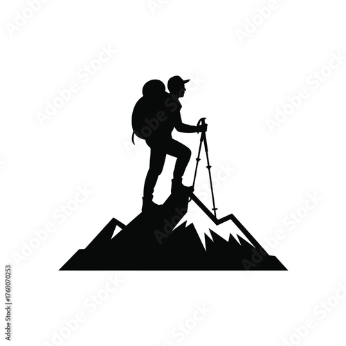 Climber silhouette on mountain peak with trekking poles vector